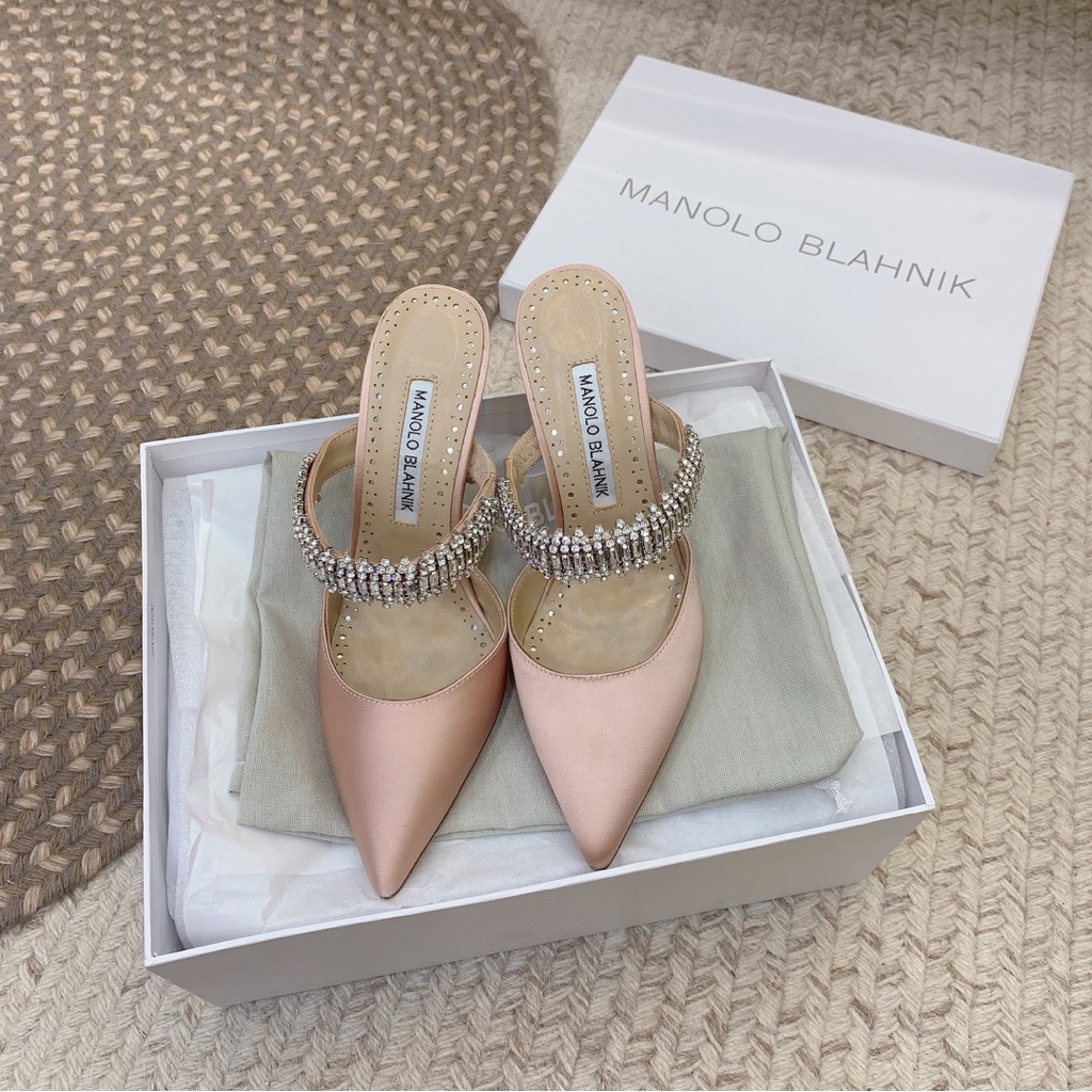 Manolo Blahnik Blush Pink Satin Pointed Crystal-Embellished Mule